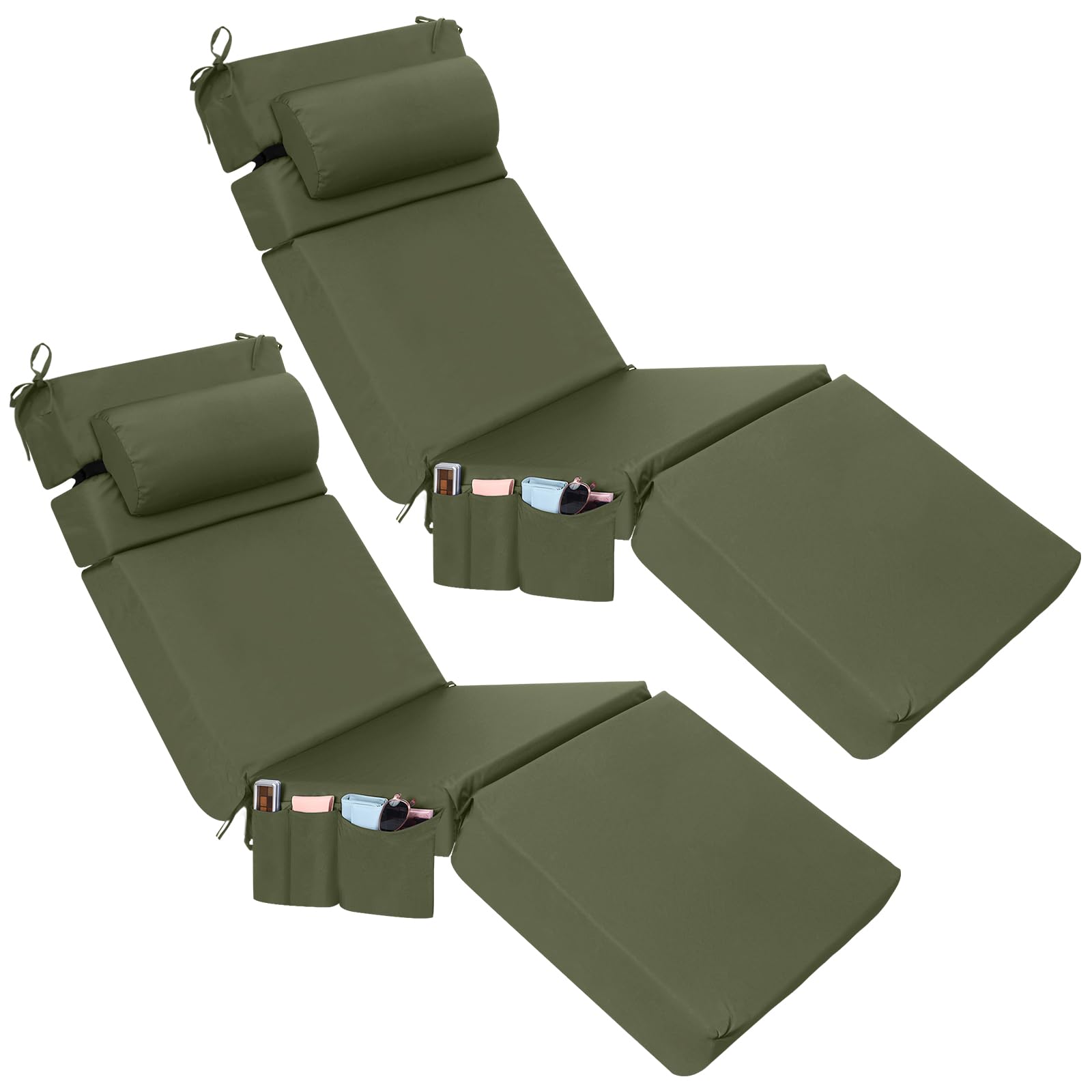 Wenqik 2 Pcs Outdoor Chaise Lounge Cushion with Pillow and Side Pocket Waterproof Lounge Chair Cushions with Pocket on Back 72 x 21 x 4 Inch Patio