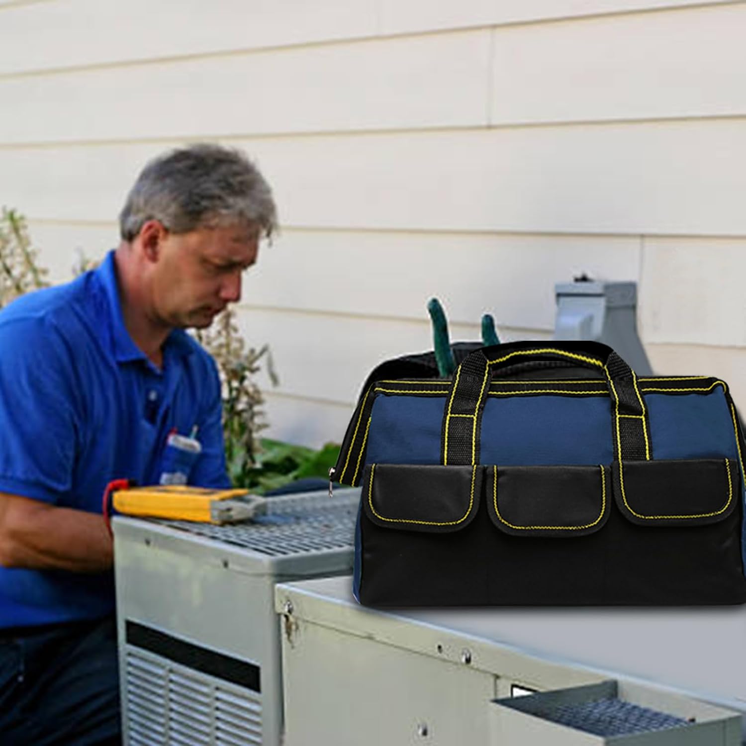 8 Pcs Tool Bag for Men Women Waterproof Heavy Tool Tote Multi Pockets Large Capacity Storage Tool Bag Hard Bottom Tool Tote for Various Tools Electrician Carpenter (Multicolor,16 Inch)