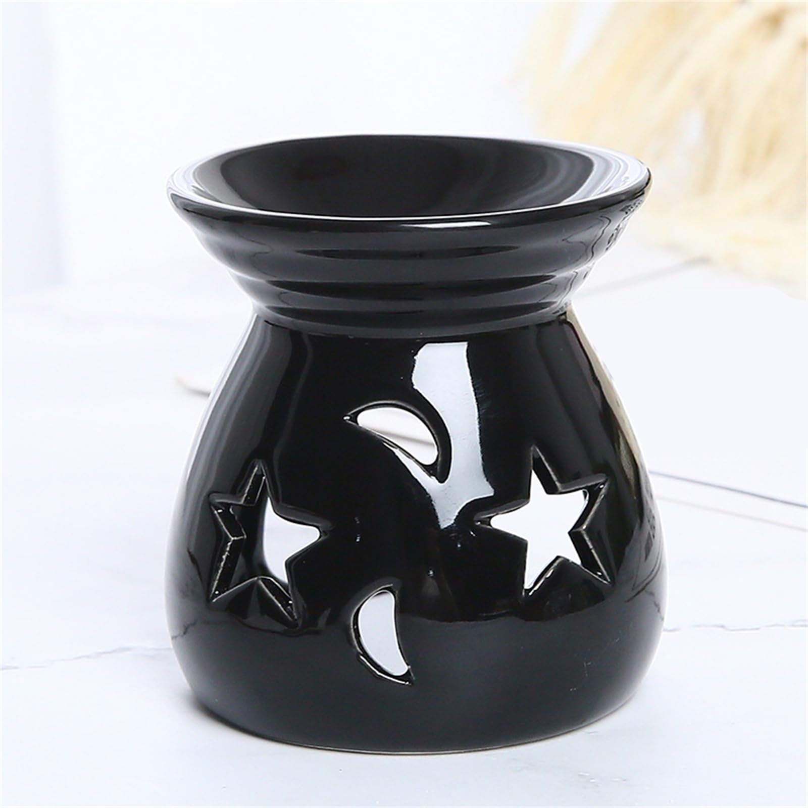 kominek do aromaterapii, Motywy gwiazd i księżyca do tworzenia spokojnej atmosfery w domach. Ręcznie robione ceramiczne pojemniki(Black)