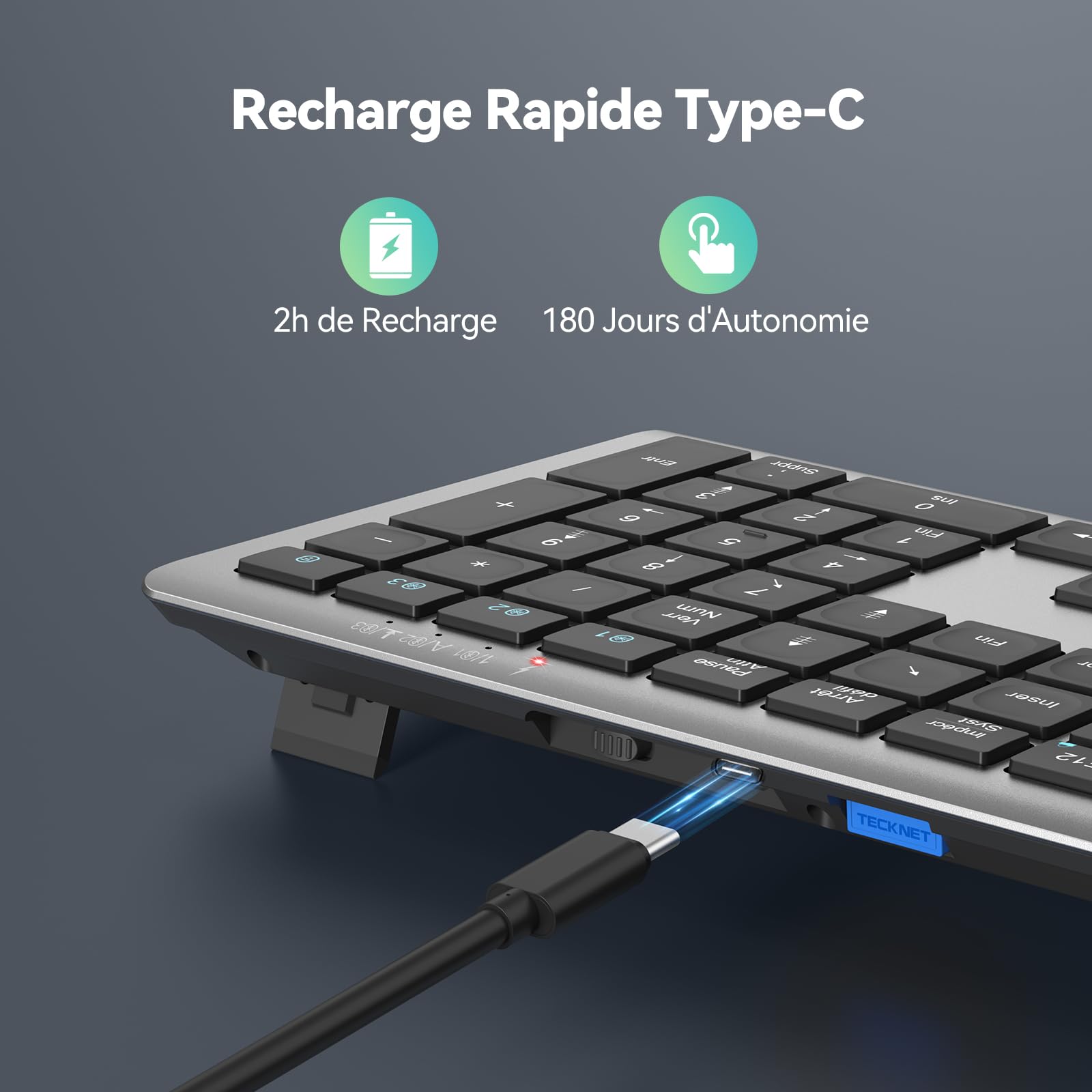 TECKNET Clavier sans Fil Ultra-Mince Rechargeable, Clavier Bluetooth 3 Canaux Multi-appareils, Clavier Silencieux à Frappe Douce, Compatible Mac OS et Windows, Connexion Stable et Longue Autonomie