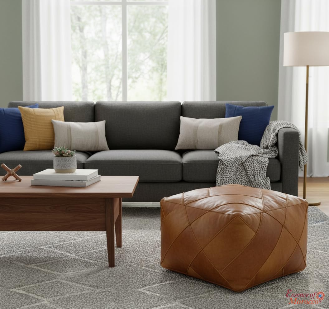 Marokkanischer Pouf Pouf Ottoman Fußbank Fußstütze Quadratisch Extra Groß Echtes Naturbraunes Leder Handgenäht Kachel Design (nur Bezug)