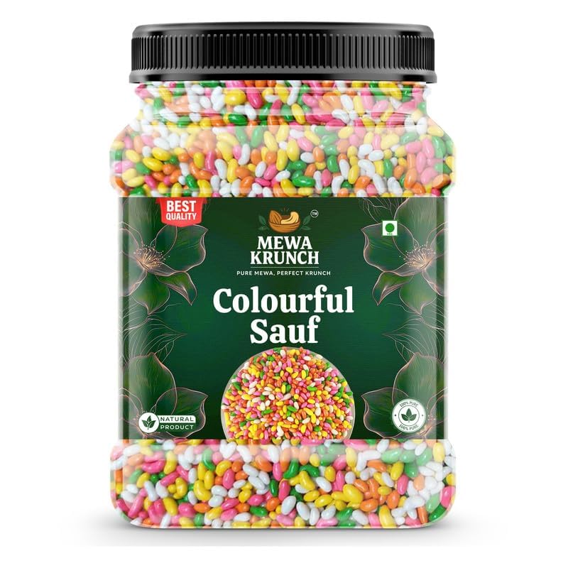 Image of MEWA KRUNCH Sugar Coated Saunf 1 kg | Sweet Colourful Fennel Seeds Mukhwas | Multicolour Saunf Mouth Freshener | Cake Decoration Saunf | After Meal Digestive Candy | Jar Pack