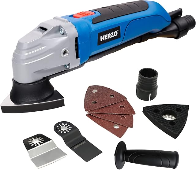 HERZO Oscillating Multitool 300W Detail Sander Precision Cutter Saw Grinder Scraper | Variable Speed - 11pcs Accessory Kit with Sanding Pads