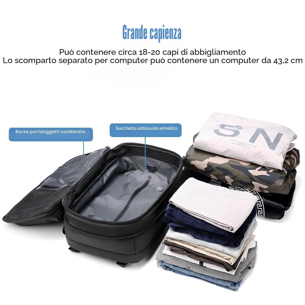 Zaino sottovuoto da viaggio, 62 l, espandibile, con compressione sottovuoto, antifurto, dotato di dispositivo di aspirazione dell'aria