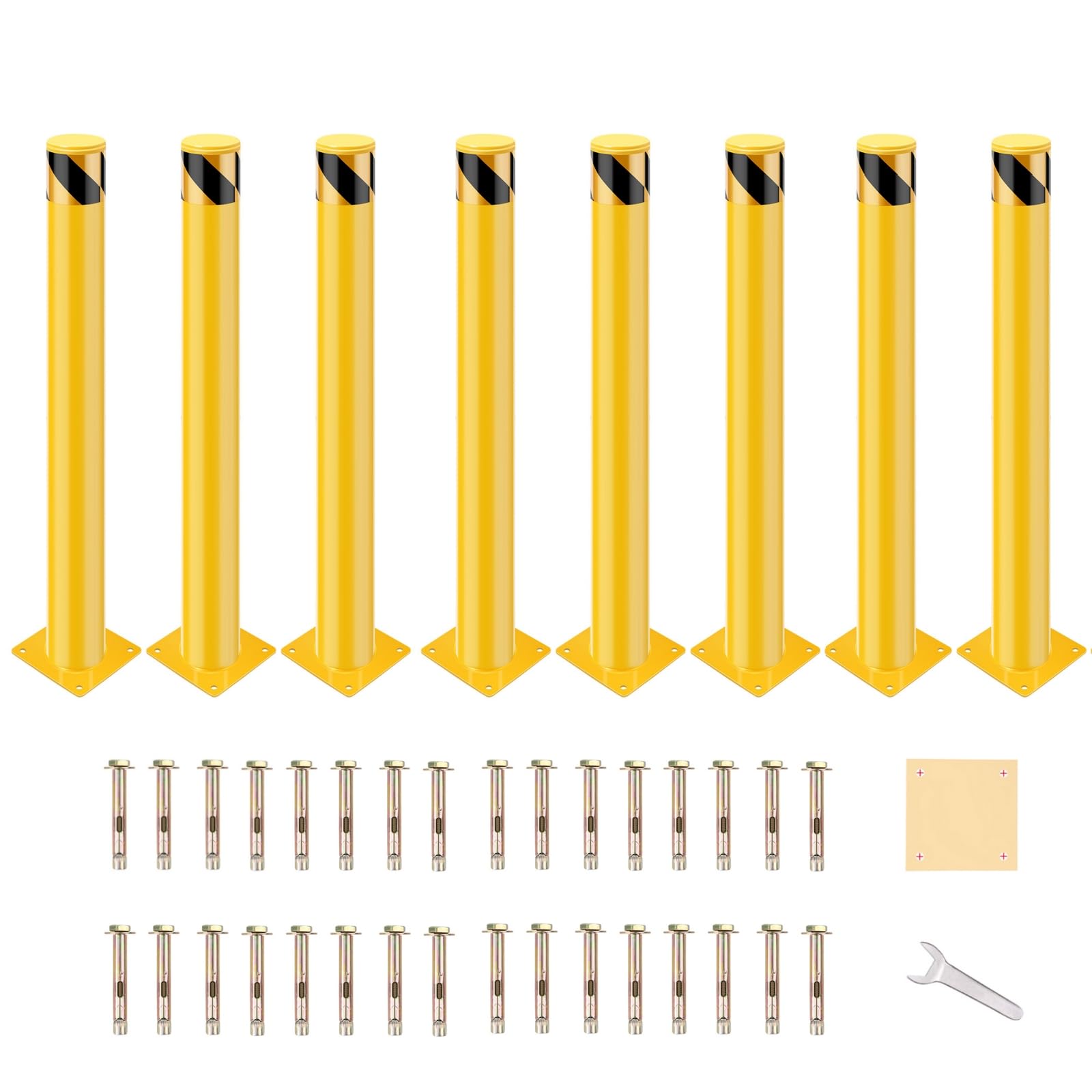 8 Pcs Safety Bollard Post, 36" x 4.5" Steel Removable Traffic Parking Barrier Bollards, Parking Bollard with 32 Anchor Bolts, Wrench, Positioning Plate, Yellow