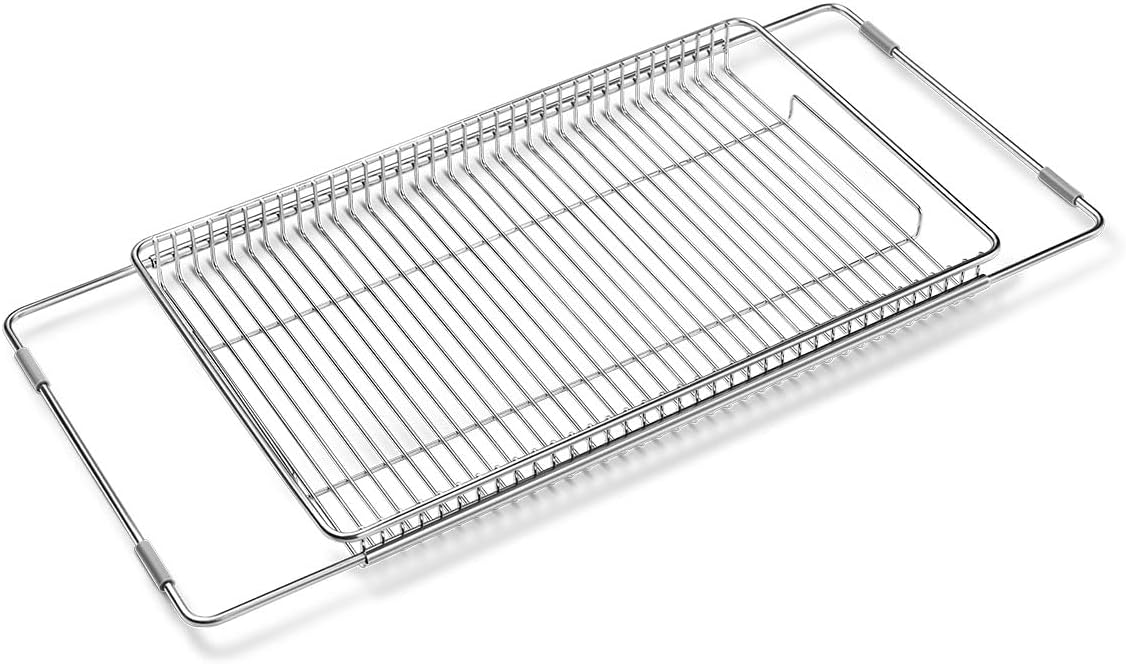 Stainless Steel Extendable Dish Drying Rack and Organizer Over The Kitchen Sink, Vegetables & Fruits Rinse Rack, Dish Drying Tray, Kitchen Strainer Colander, Foldable Rinsing Station