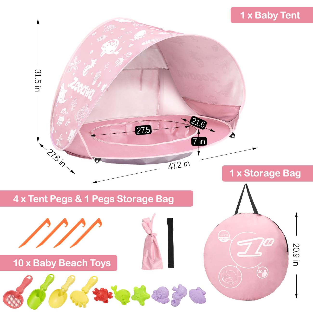 Tienda Playa Bebe, Pop up Tienda de Bebé con Piscina, Refugio Solar Carpa Playa Bebe Plegable Portátil Protección Sol para Infantil con Juego de Juguetes de Arena de Playa