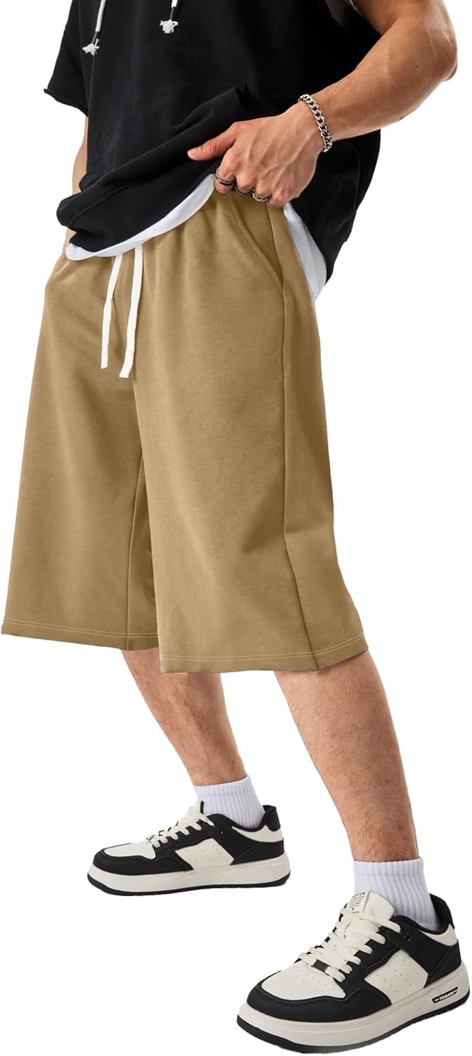 JMIERR 2026 Men's Baggy Sweat Shorts Lightweight Under Knee Casual Raw Hem Drawstring Y2K Shorts Loose Fit Gym Shorts