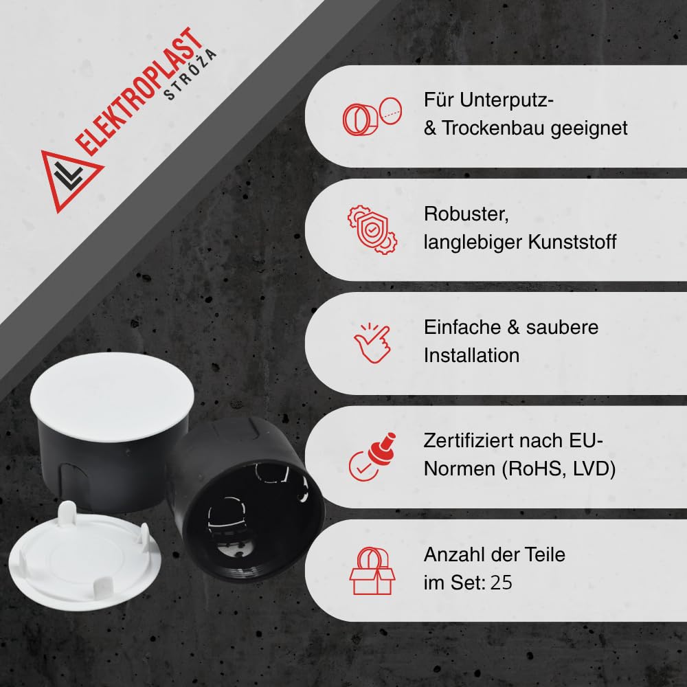 ELEKTROPLAST Unterputz-Gerätedose Ø 80,5mm, Tiefe 49mm Schalterdose zum Einbau von Schaltern Verbindungsdose mit Blindabdeckungen Schwarz 25 Stück