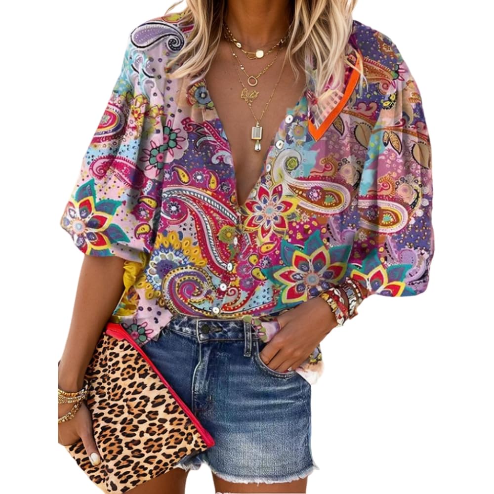 Womens 2024 Fall Fashion Lantern 3/4 Sleeve Retro Boho Floral Prirt Blouse Tops Casual Dressy Button Down Shirts for Women