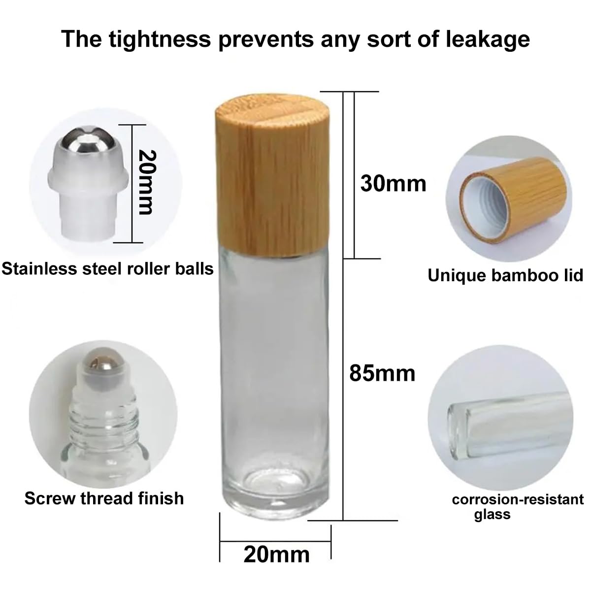 Lot de 12 flacons vides Rechargeables en Bambou de 10 ML avec Bille en Acier Inoxydable pour aromathérapie, Transparents