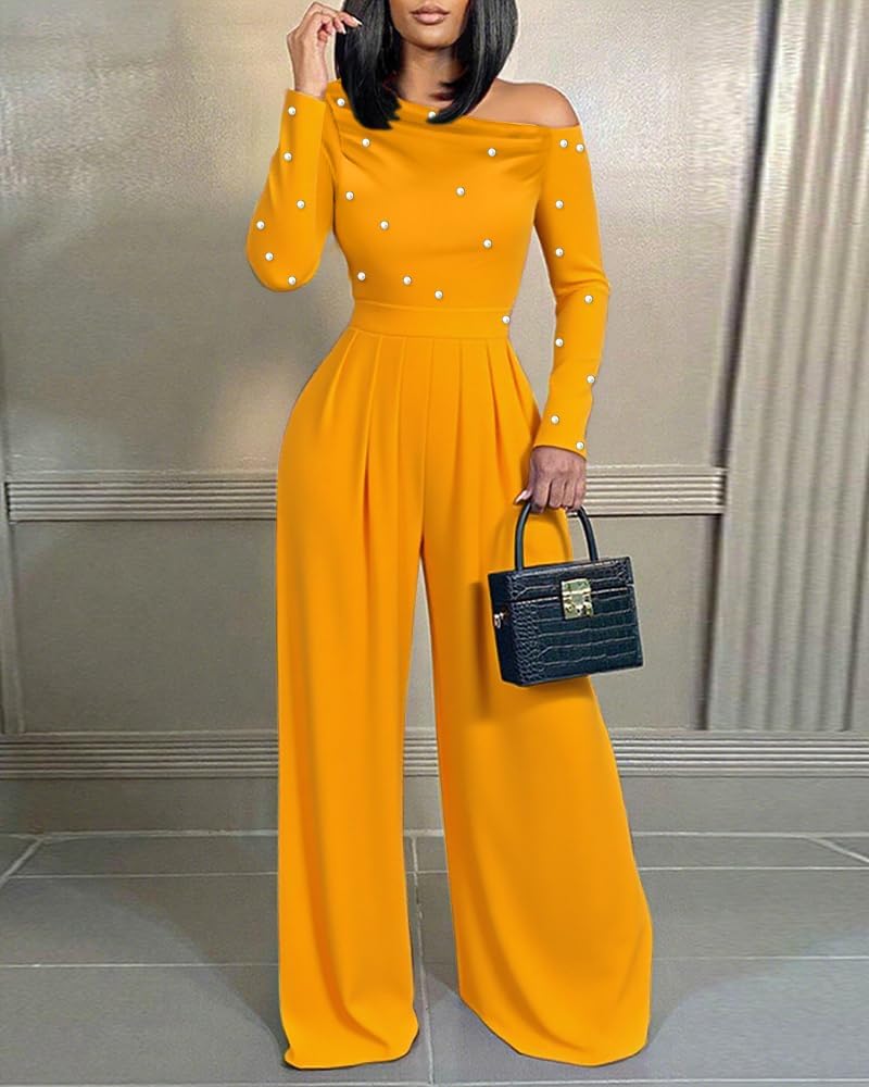 Jumpsuits For Women Dressy Pearls Decor Long Sleeve One Piece Outfits For Women Casual Ruched Wide Leg Rompers - Image 6