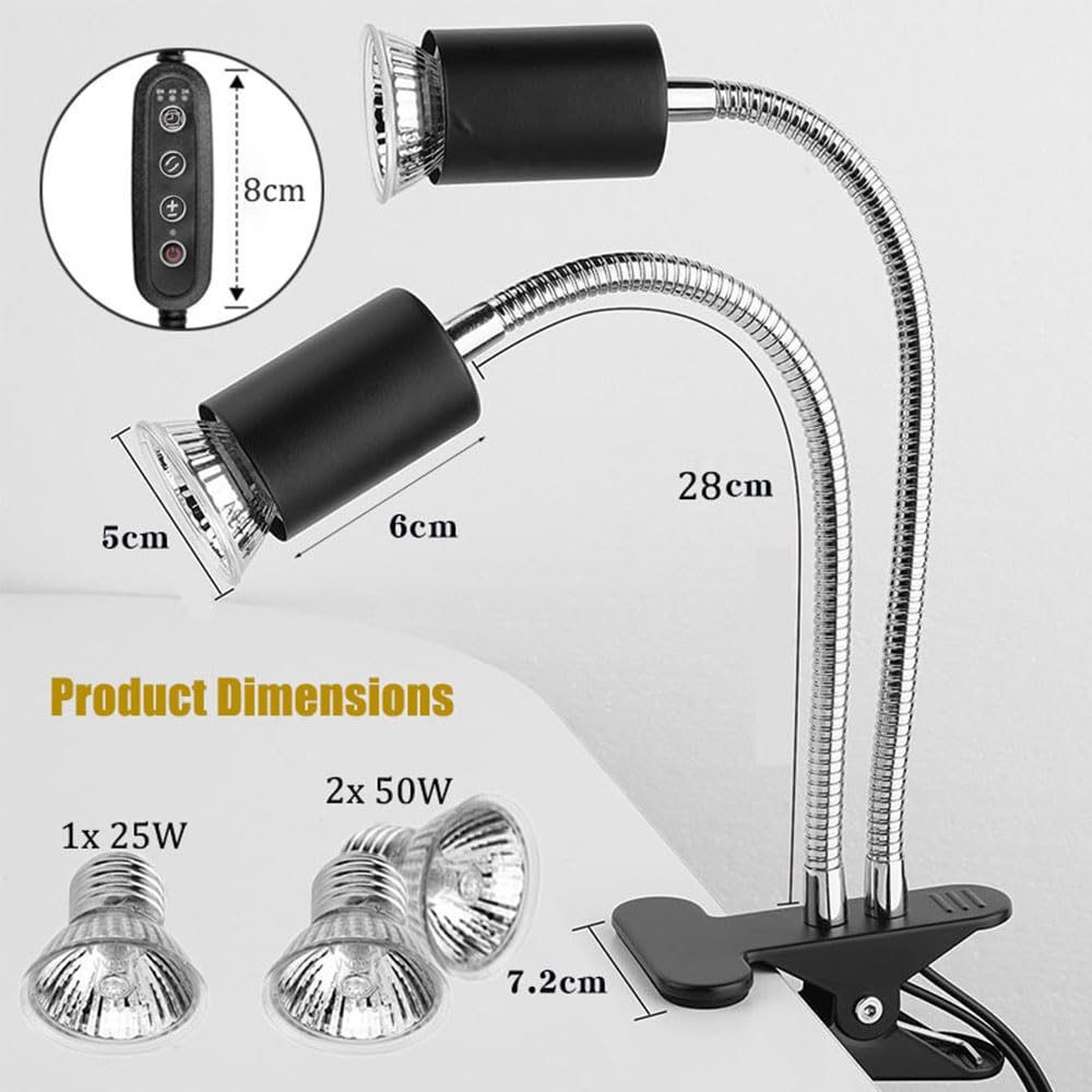 KINGYEENUO Lampe de Chaleur à Double Tête pour Reptiles avec Minuteur, 3 Ampoules: 2x50W 1x25W UVA + UVB E27 Basking Lumière, Lampe à Pince Rotative à 360 ° avec Commande Séparée pour Tortue, Lézard