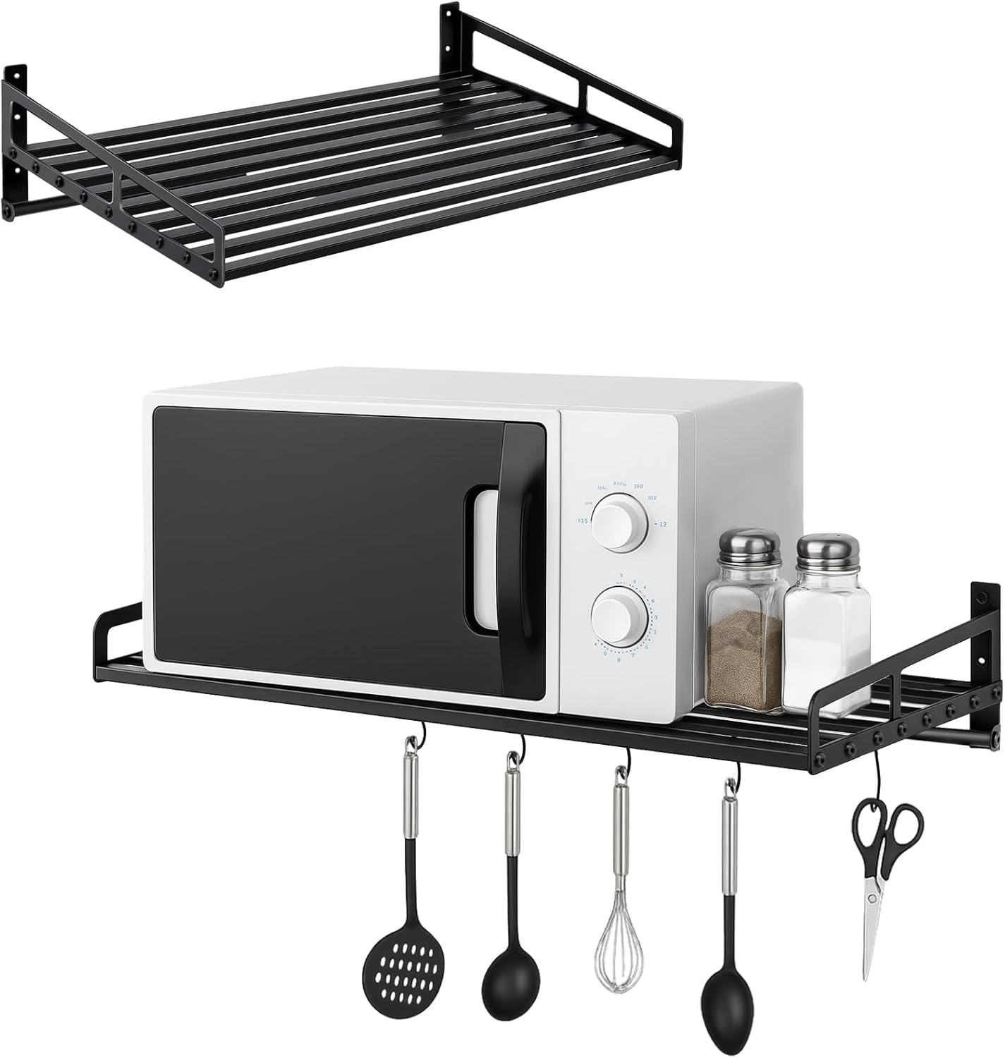 Soporte de pared para microondas, estante de horno de 23.5 x 15 pulgadas con riel de gancho, soporte de encimera de acero al carbono negro para