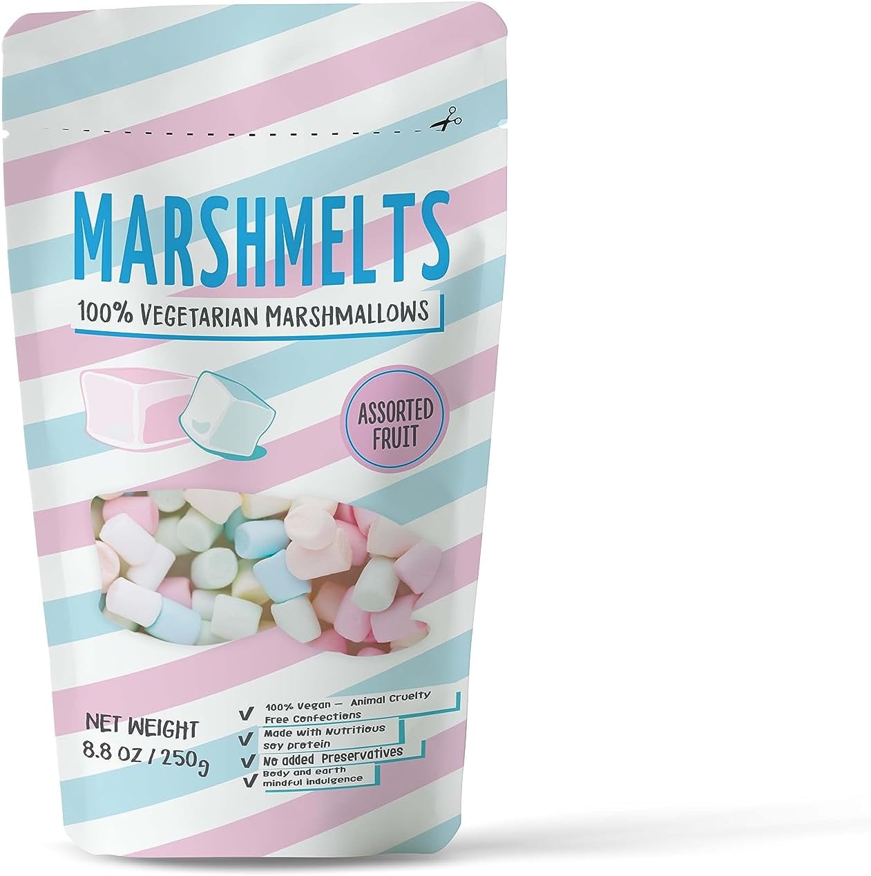 Marshmelts Gourmet Marshmallows 250gm | Soft, Fluffy & Cylinder Shape | Assorted Fruit Flavor | Mini Marshmallow | 100% Vegan, Trans Fat & Gluten-Free | Candy For Kids | No Added Preservatives