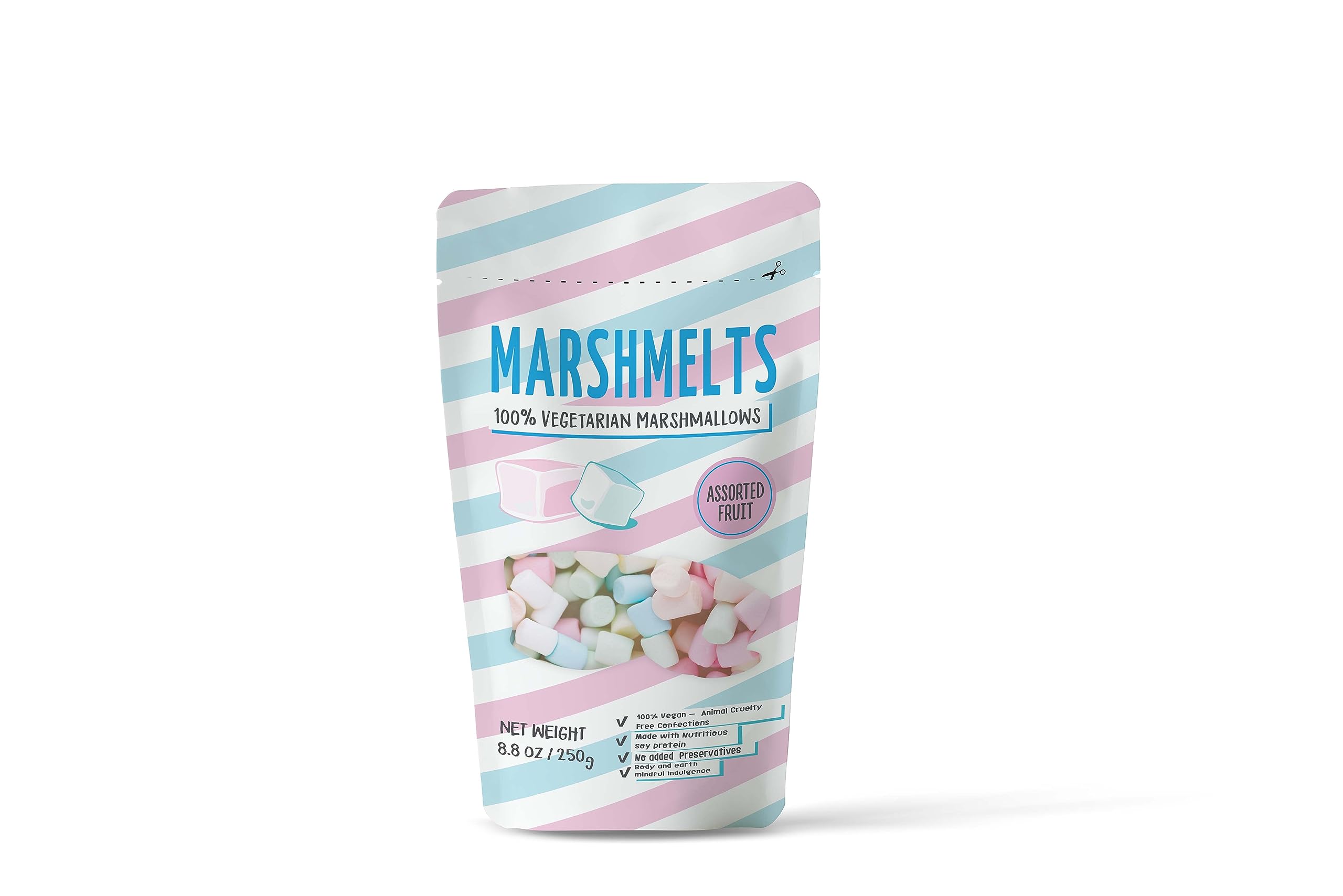 Marshmelts Gourmet Marshmallows 250gm | Soft, Fluffy & Cylinder Shape | Assorted Fruit Flavor | Mini Marshmallow | 100% Vegan, Trans Fat & Gluten-Free | Candy For Kids | No Added Preservatives