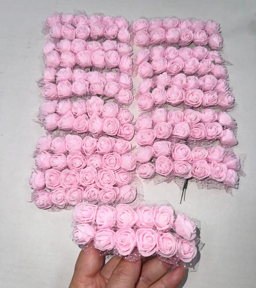 144pcs Mini Artificial Rose Flower Heads and Soft Stem,25mm PE Tiny Rose add Gauze for DIY Wedding Make Bridal Hair Clips,Cake Top,Wrist Corsage Boutonniere,Wreath Bracelet Flower (Light Pink) — image 1