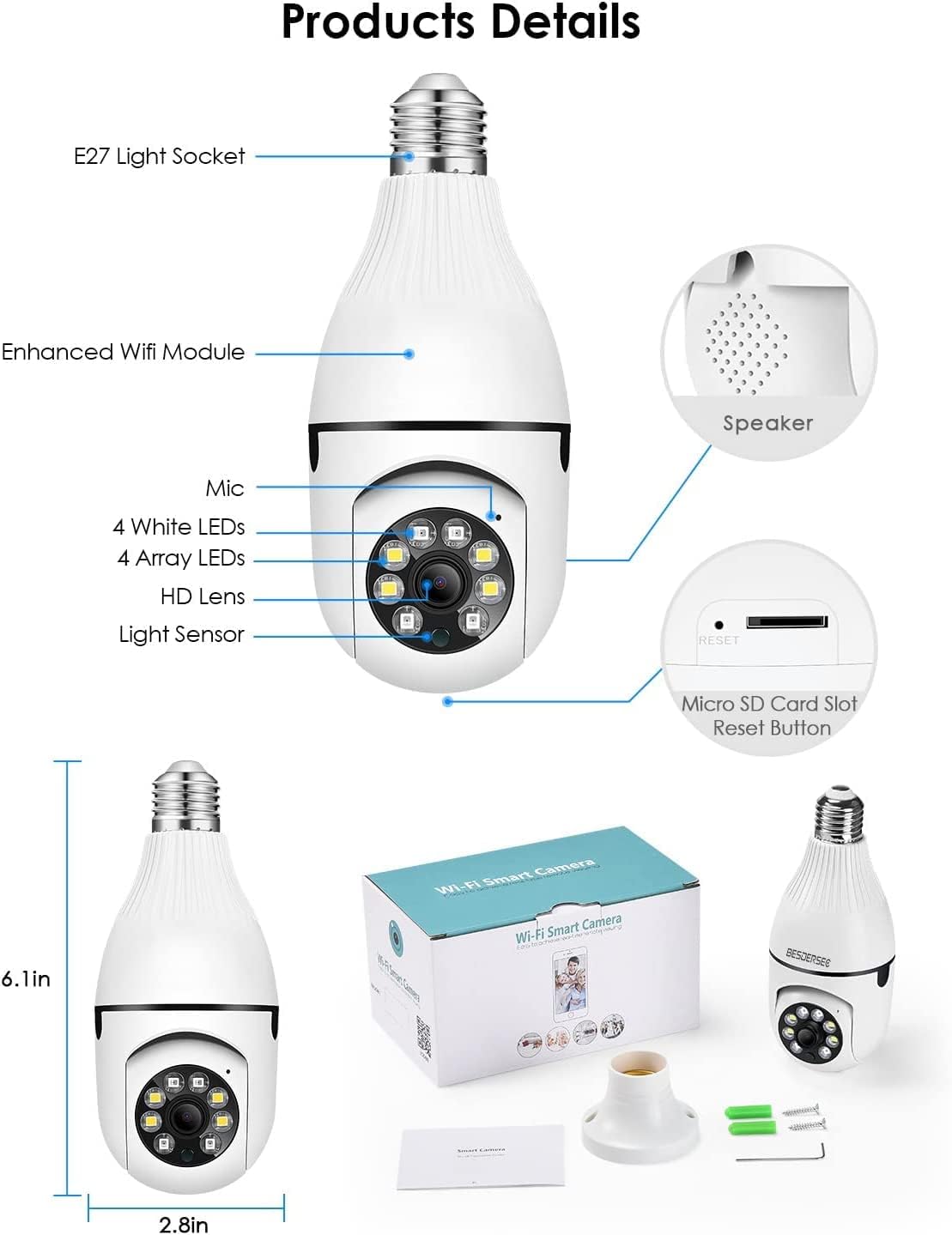 BESDERSEC Light Bulb Security Camera, Pan/Tilt 1080P FHD Wireless Outdoor with Motion Detection&IR Night Vision&2-Way Audio