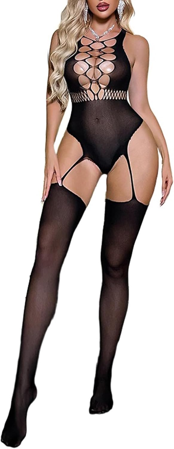 Women Fishnet Bodystocking Attached Stockings Sexy Lingerie Bodysuit Mesh Babydoll One Size