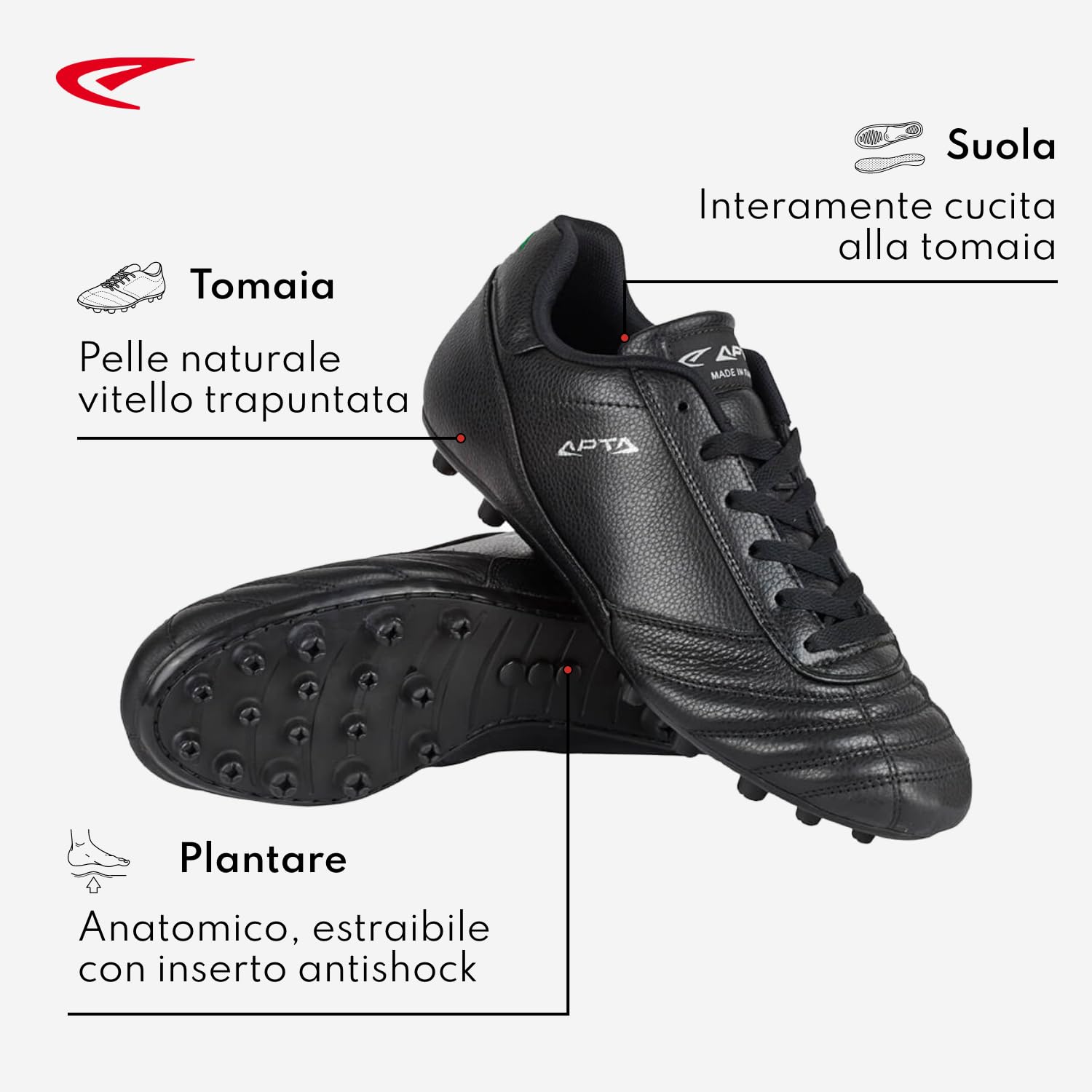 Check Nero - Scarpe da Calcio Uso Professionali in Pelle di Vitello ed Ecopelle Massime Prestazioni e Comfort, Calzata pianta Larga