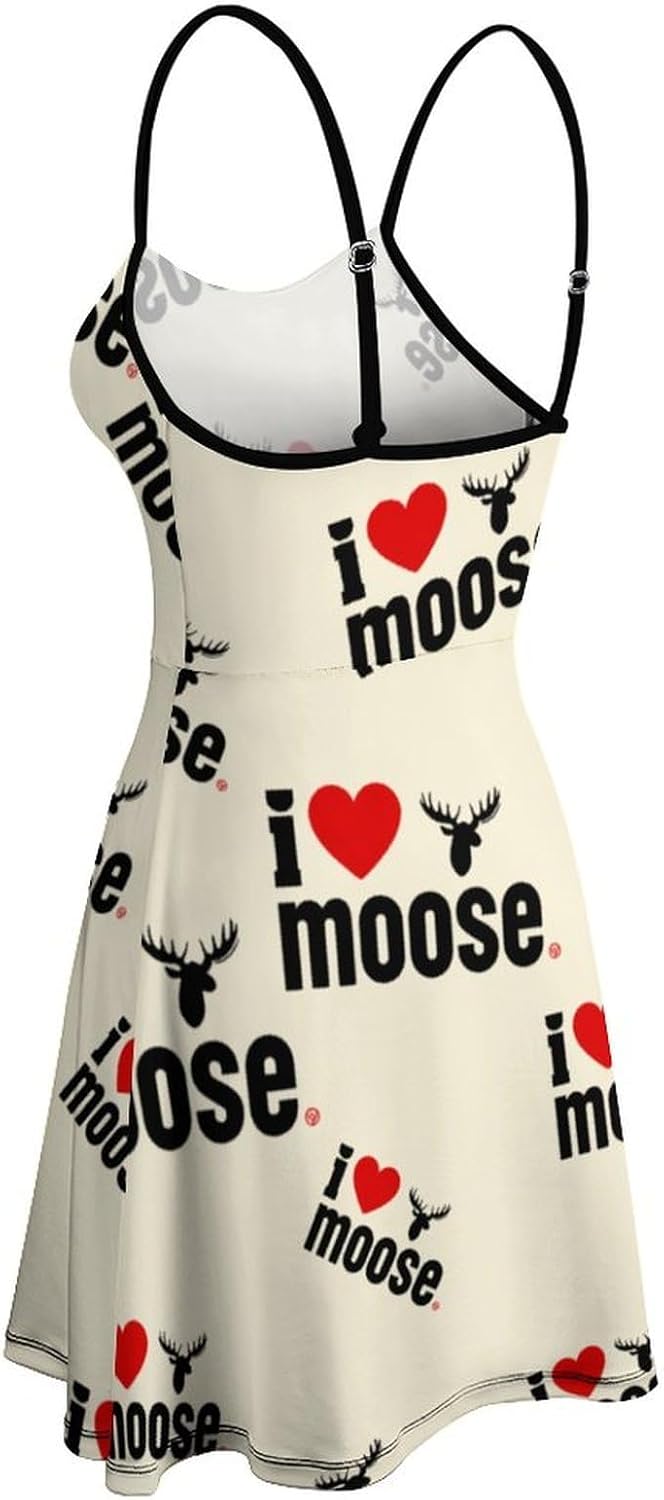 I Love Moose Short Cami Dress for Women Adjustable Spaghetti Strap Flowy Sundress Beach Vacation