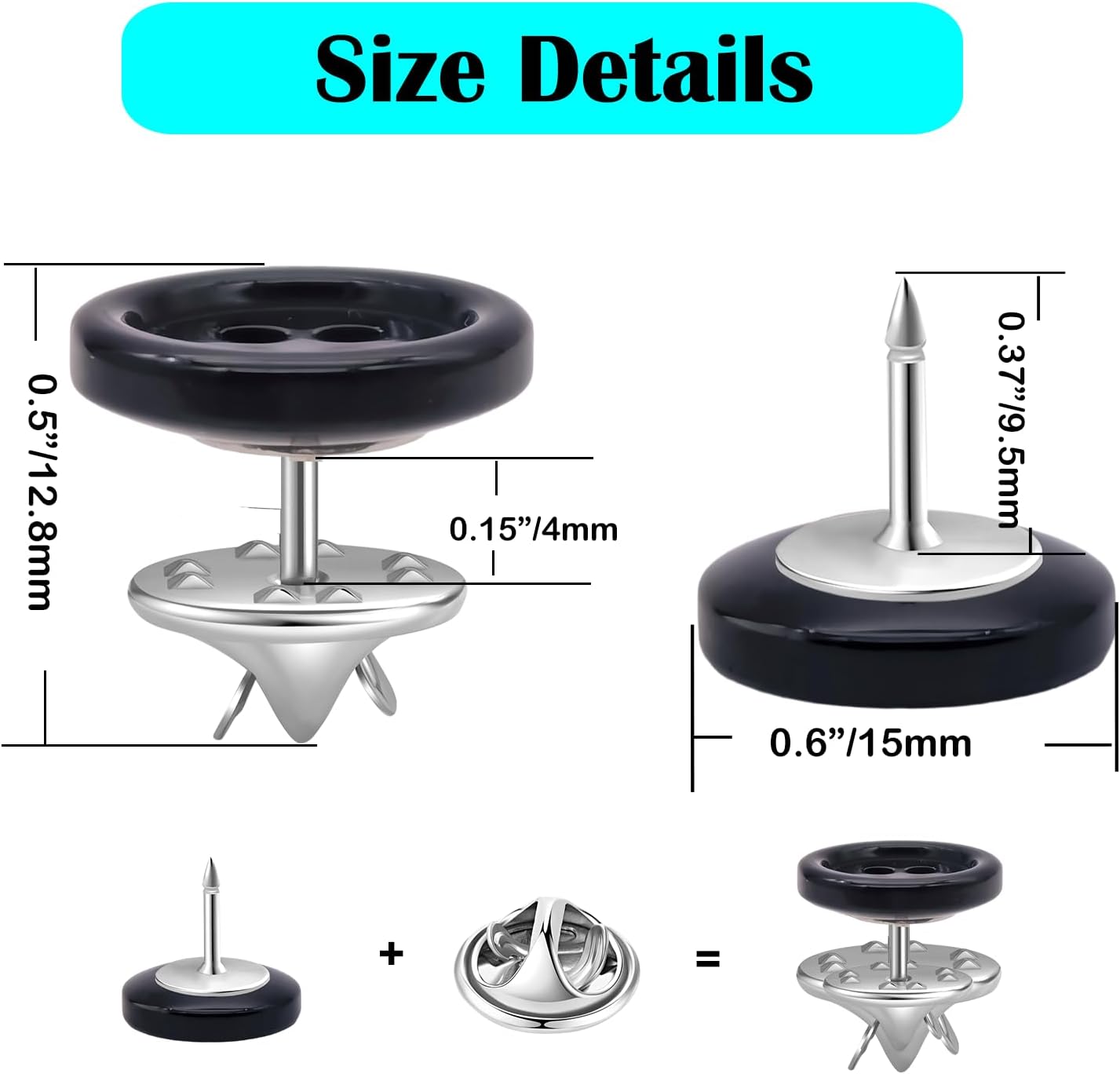 ZLMCUJE 10 Sets 15mm(3/5") 4-Hole Black Resin Button,Safety Pins,No Sewing,No Tool,Reusable for Clothes(Shirts,Cardigans,Pants,ect.) DIY Crafts