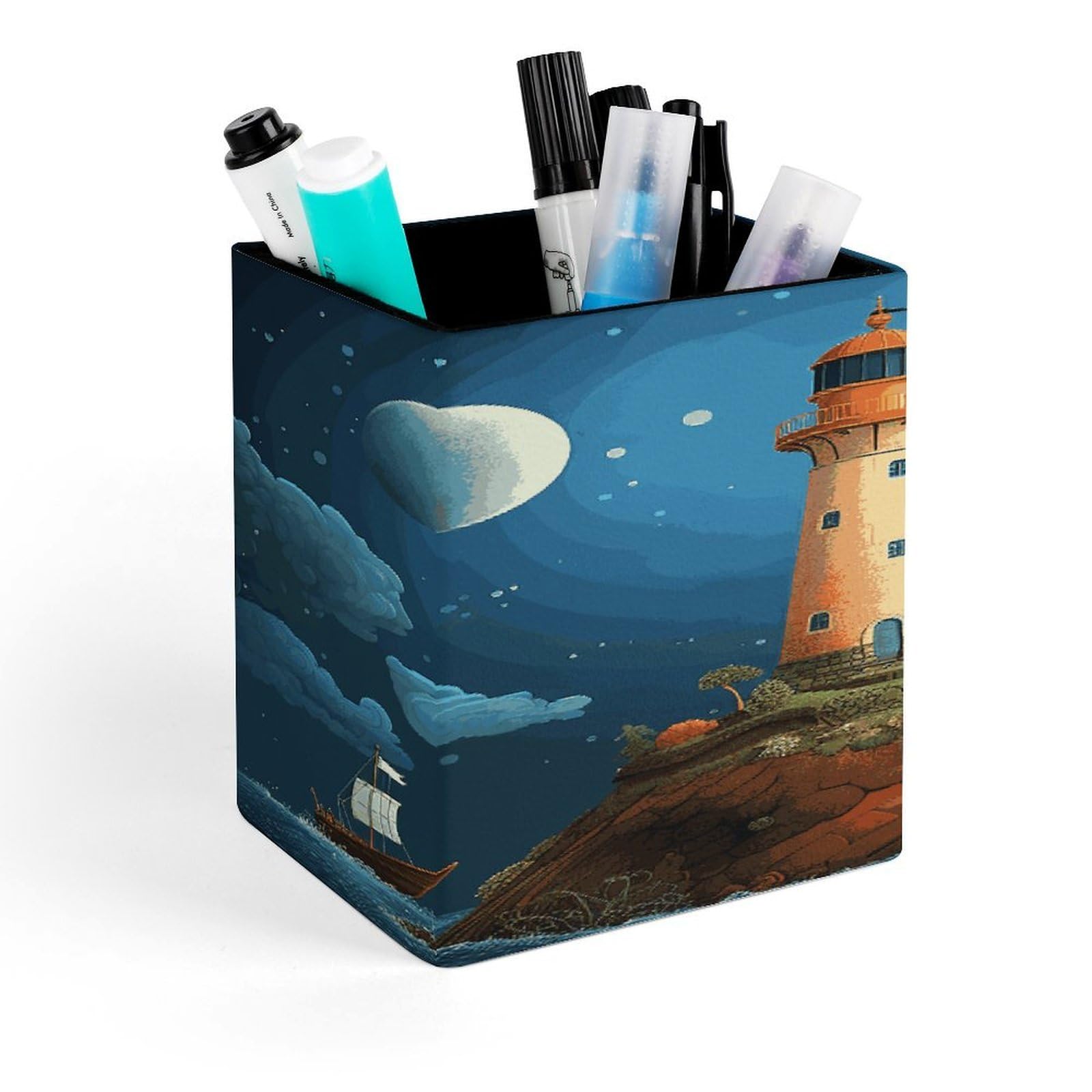 MUSM Catoon Whale Lighthouse Pen Holder Square PU Leather Desktop Organizer And Makeup Brush Holder Storage Box Modern Design Stationery Organizer for Office Desk Accessory