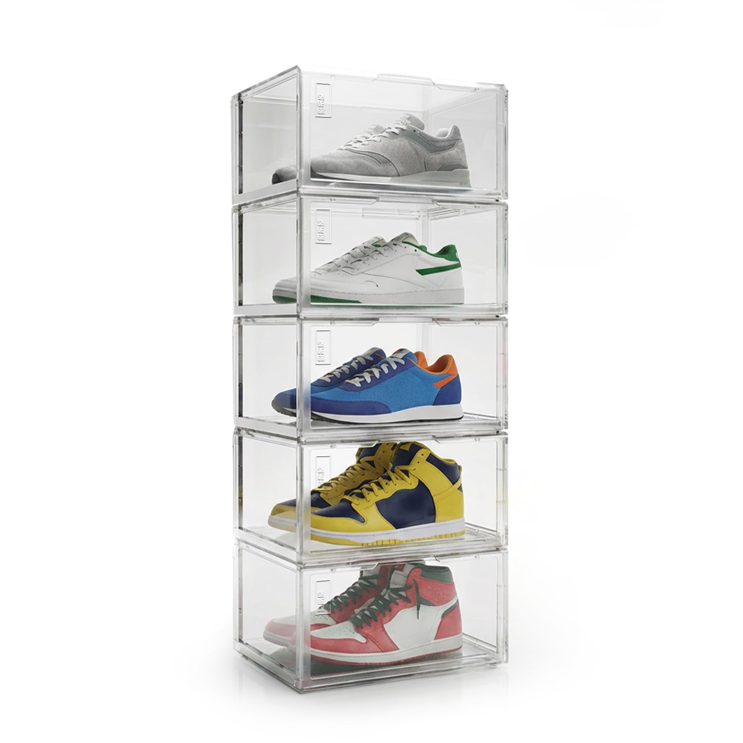 SHOEGR Safe Shoe Storage Organizer Pack of 5 | Transparent Heavy Duty Sneaker Storage Box | Front Drop Crates with Magnetic Closure | Large Size Fits up to UK14