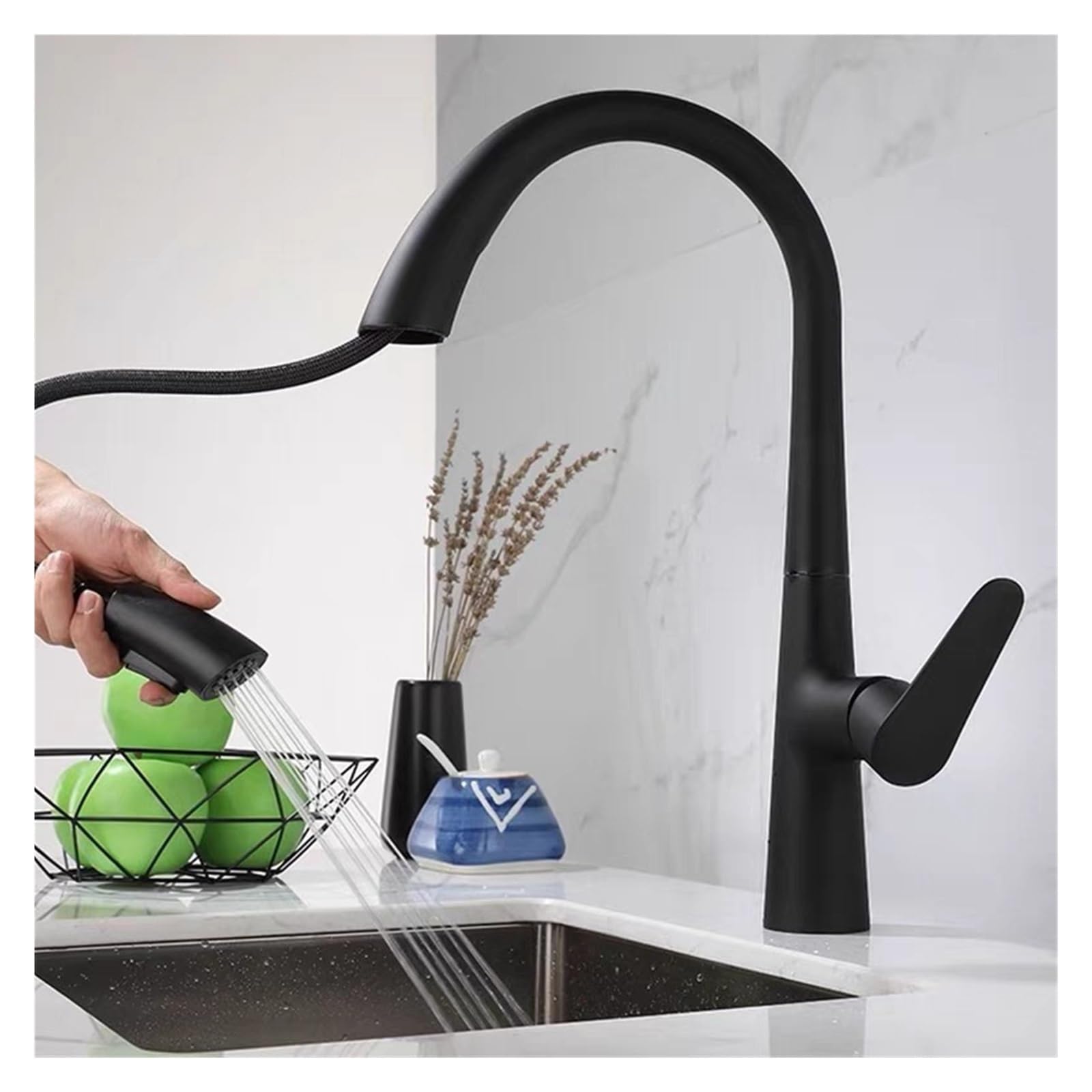 Robinet d'évier de cuisine noir extractible caché eau chaude
