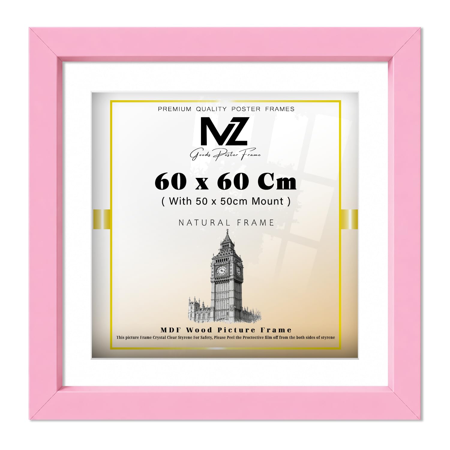 MZ GOODS | MDF Engineered Wood Wall Frame (60 x 60 Cm) With 500 x 500 mm White Mount Stylish Hanging | 24 x 24 Inch Poster, Certificate, Painting, Artwork Display Frame [ Pink ]