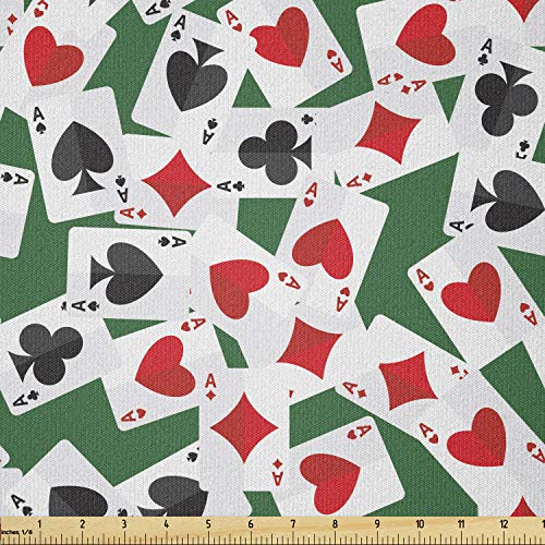 Lunarable Poker Fabric by The Yard, Aces of All Card Suites Scattered on Gambling Table Abstract Poker Theme, Stretch Knit Fabric for Clothing Sewing and Arts Crafts, Hunter Green Red Black