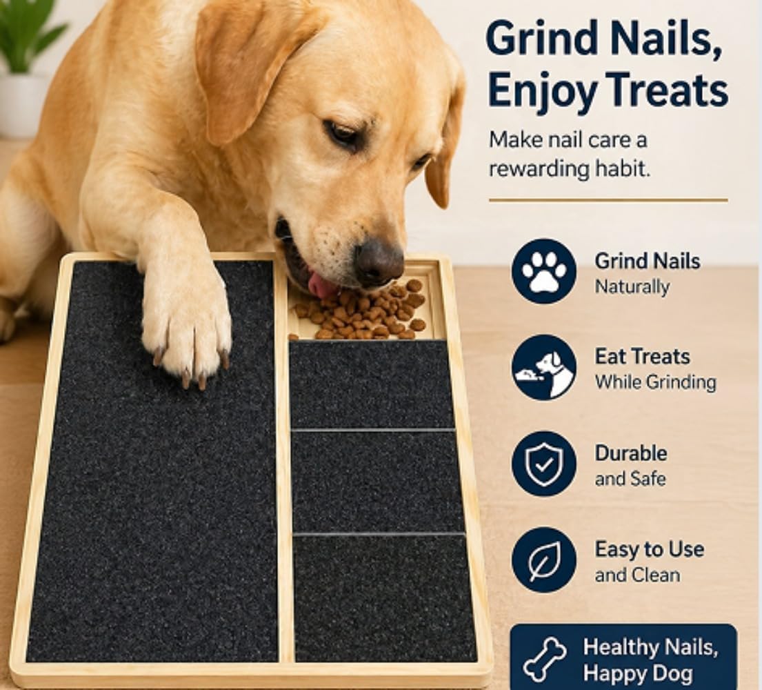 Dog Nail Scratch Pad with Treat Box, Solid Wood Filing Board, Trims Nails Naturally, Indoor and Outdoor Training Tool, Black