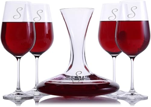 Decantador de vino de cristal Sloane personalizado de Crystalize y copas de vino de cristal de 4 tallos grabadas y monogramadas, perfecto para