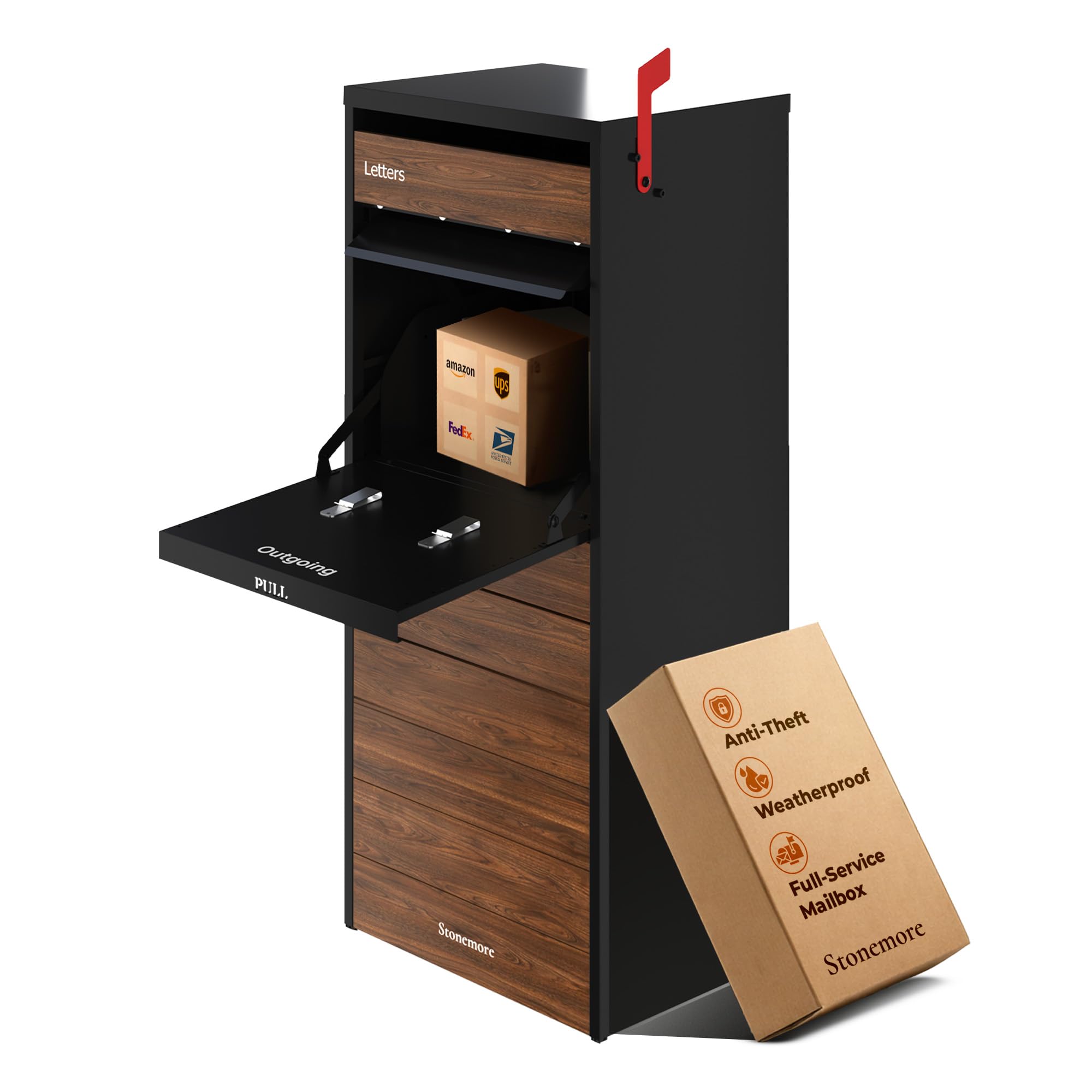 Cali USPS Compatible Mailbox, Classic Black/Walnut Package Mailbox, Anti-Theft Locking Parcel Drop Box for Porch Or Curbside, Large Mailbox for Packages, Weather-Sealed Powder Coated Steel