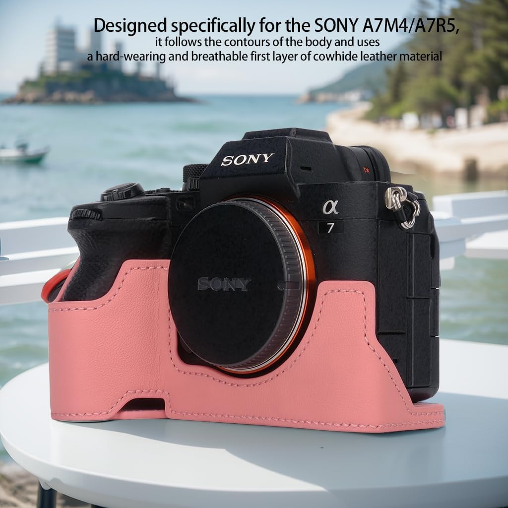 Bowan for Sony A7 Mark IV Camera Case,Handmade Genuine Real Leather Half Camera Case Bag Cover for A7IV A7M IV A7M4 A7 Mark IV A7RV A7R5 Camera Bottom Opening Version + Hand Strap (Pink)