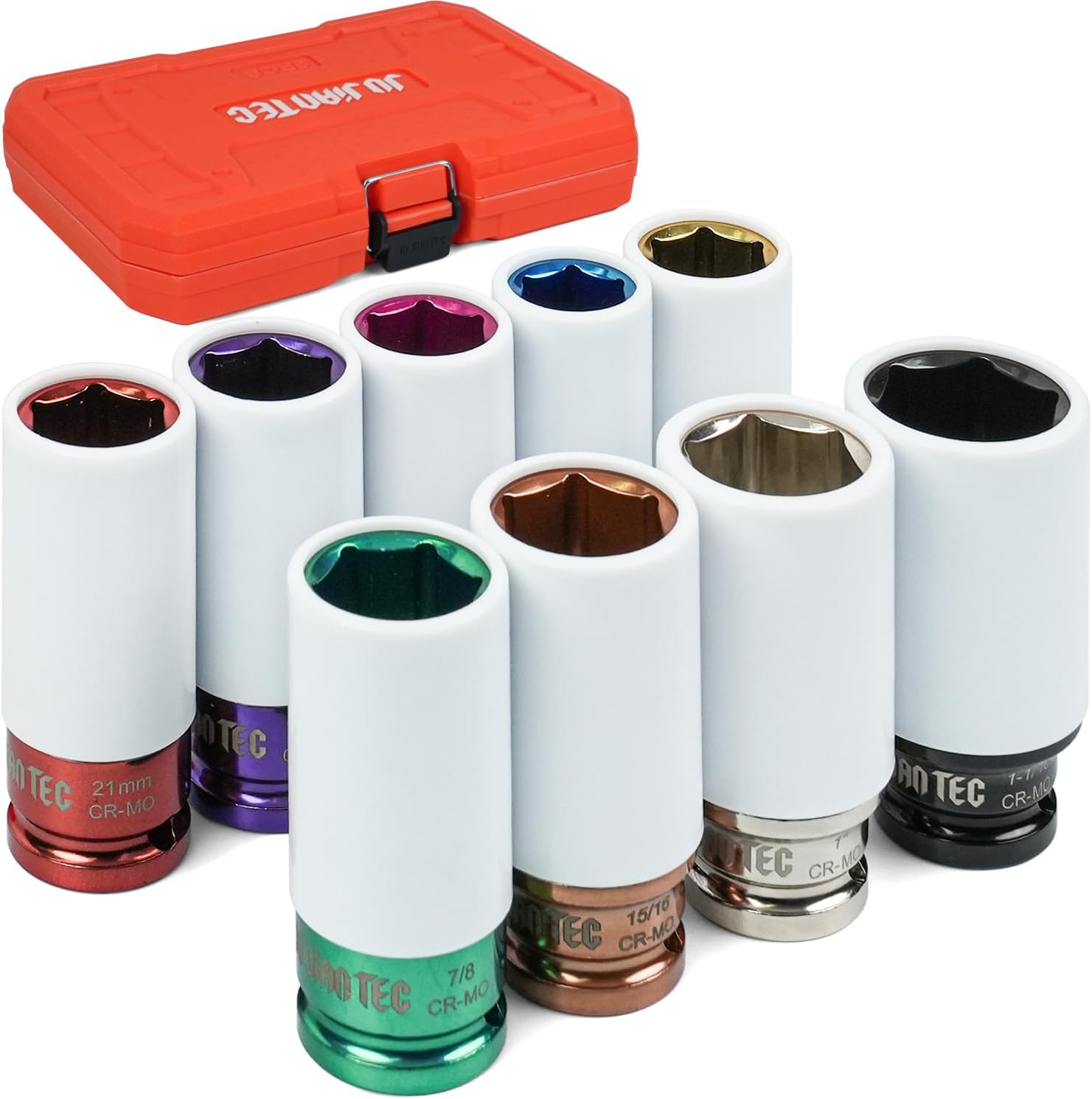 9-Piece Impact Lug Nut Socket Set, 1/2" Drive, Metric (17,19,21mm) & SAE (3/4" to 1-1/16"), Thin Wall 6-Point Design with Colored Protective Sleeves for Non-Marring Rim Guard