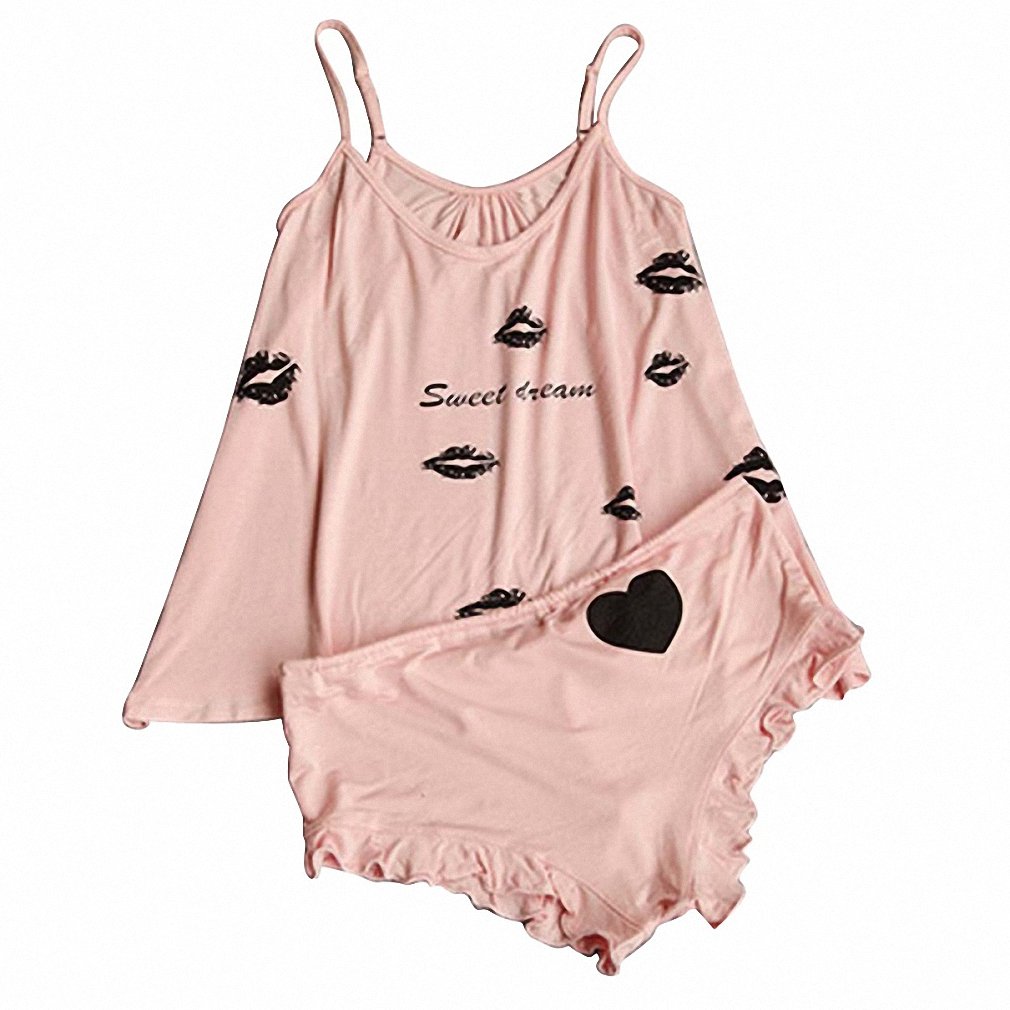 Women's Cotton Blends Braces T-Shirt & Shorts Underwear Pajamas Robe Sets Sleepwear Pink Black Noir Cute Printed Set