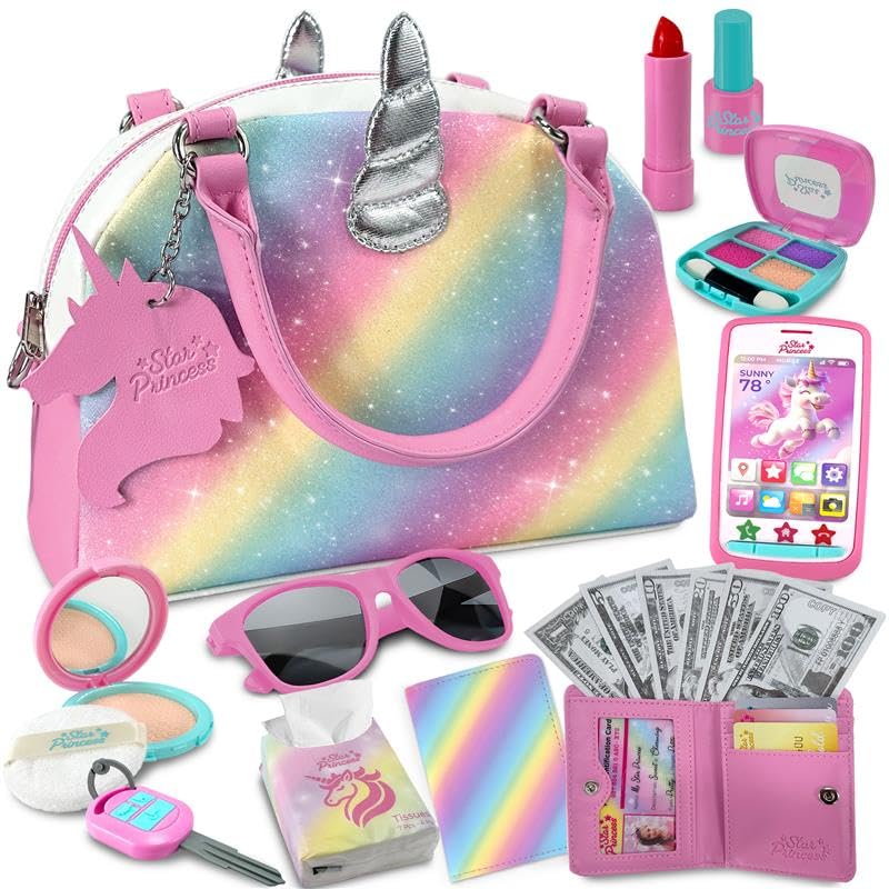 Play Purse for Little Girls and Toddlers - Unicorn Purse Toys for Kids Pretend Play Accessories: Phone, Wallet, Credit Cards, Keys, Pretend Makeup