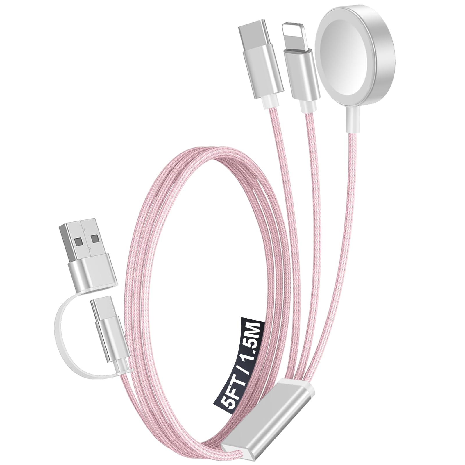 Photo 1 of 1Pack Multi Charging Cable Cord for Travel Essentials,Apple Watch Charger,iPhone Charger,[3-in-2] Type C/Lightning Cable Portable Designed for iWatch,iPhone 17-8,Galaxy S26-21,AirPods,iPad-1.5M Pink