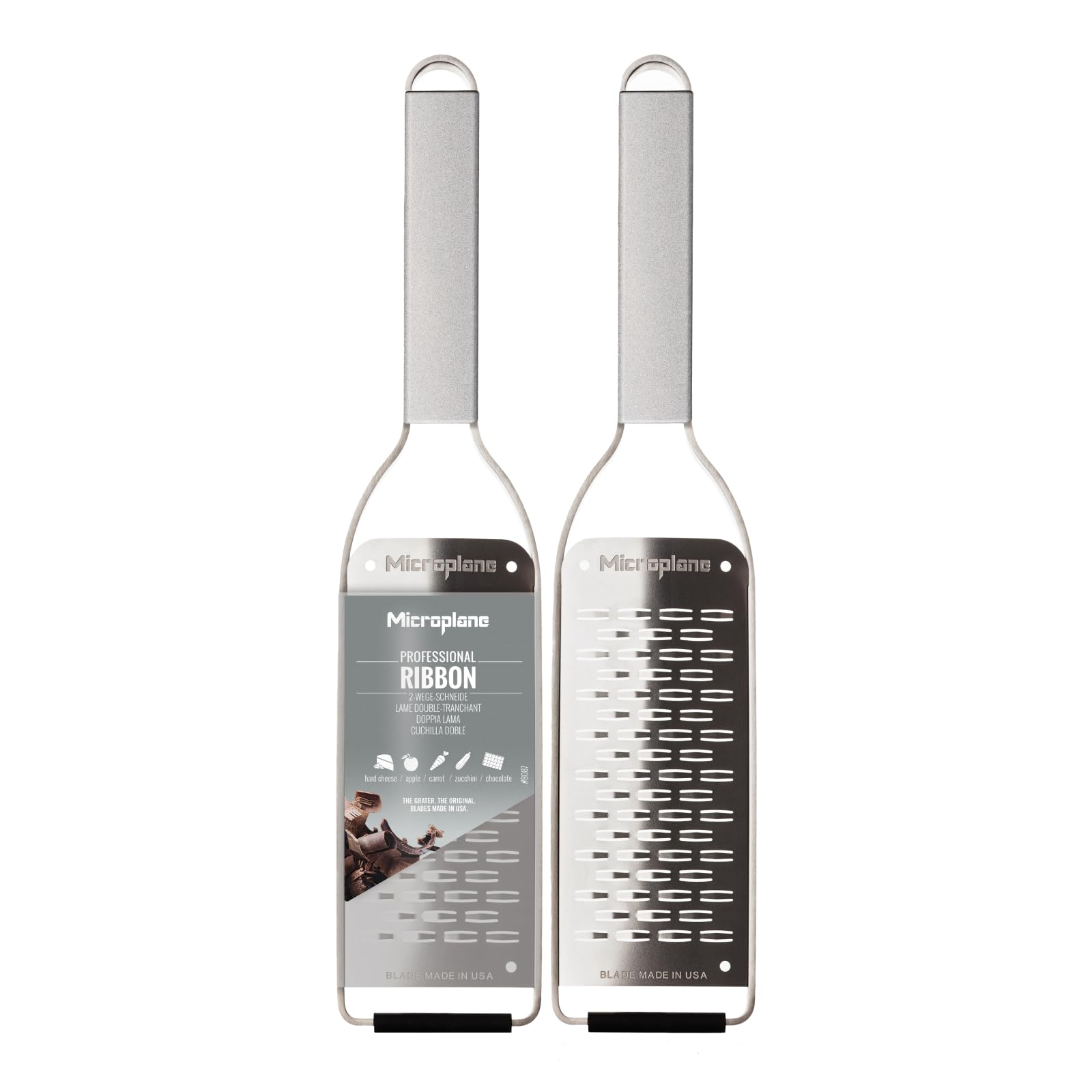 Microplane Nueva serie profesional – Corte de 2 vías, elegante diseño de acero inoxidable, perfecto para calabacines, manzanas, peras, rábanos, queso duro o chocolate y más, hoja de acero inoxidable