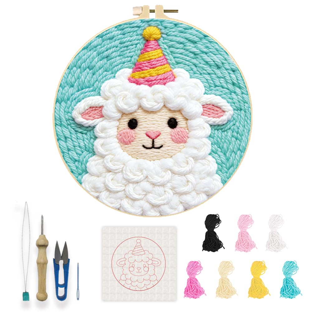 INFUNLY Birthday Lamb Punch Needle Kit Cute Sheep Punch Embroidery Kits for Adults 8.7x8.7 Inch Circular DIY Needlepoint Starter Kits with Instruction for Home Decor DIY Craft Lovers Gift โ image 1