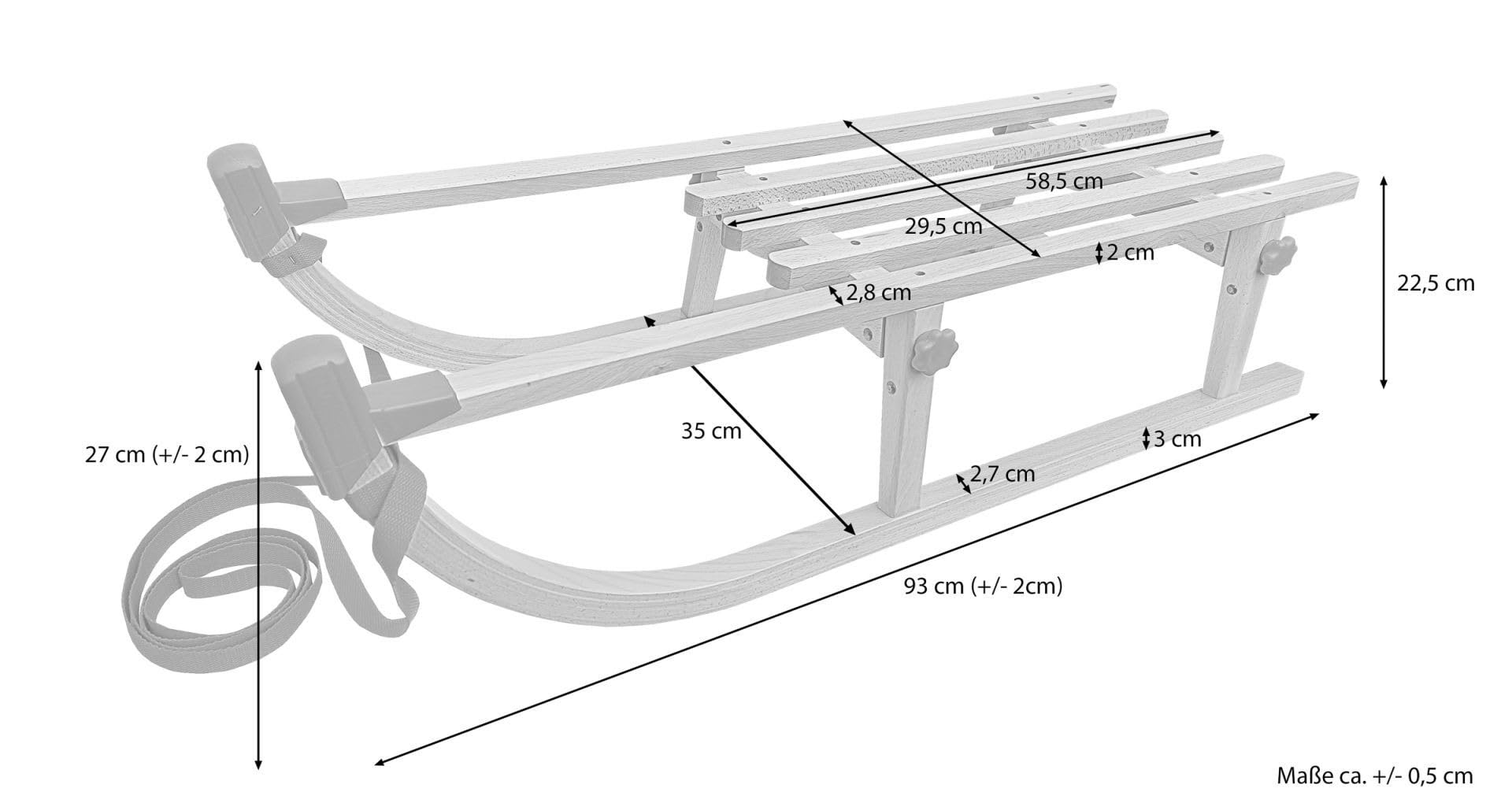Klappschlitten Holz Hochwertiger Hörnerschlitten aus Buche, Platzsparend Faltbar, Belastbar bis 90 kg, Holzschlitten für Kinder & Erwachsene, inkl. Ziehleine