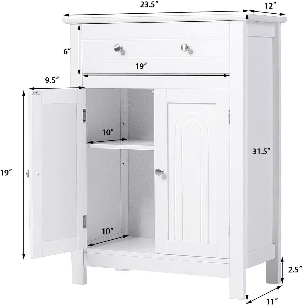GLACER Double Doors Wooden Cabinet with Large Drawer and Adjustable Shelf, Perfect for Bathroom & Living Room, 23.5 x 12 x 31.5 inches (White)