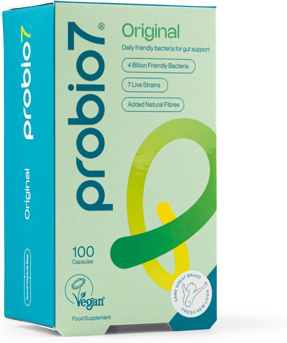 Probio7 Original – Gentle Daily Gut Support | Vegan Approved | with 4 Billion CFU, 7 Live Bacterial Strains + Natural Fibre | Digestive Health Supplements, Probiotics for Gut Health, 100 Capsules