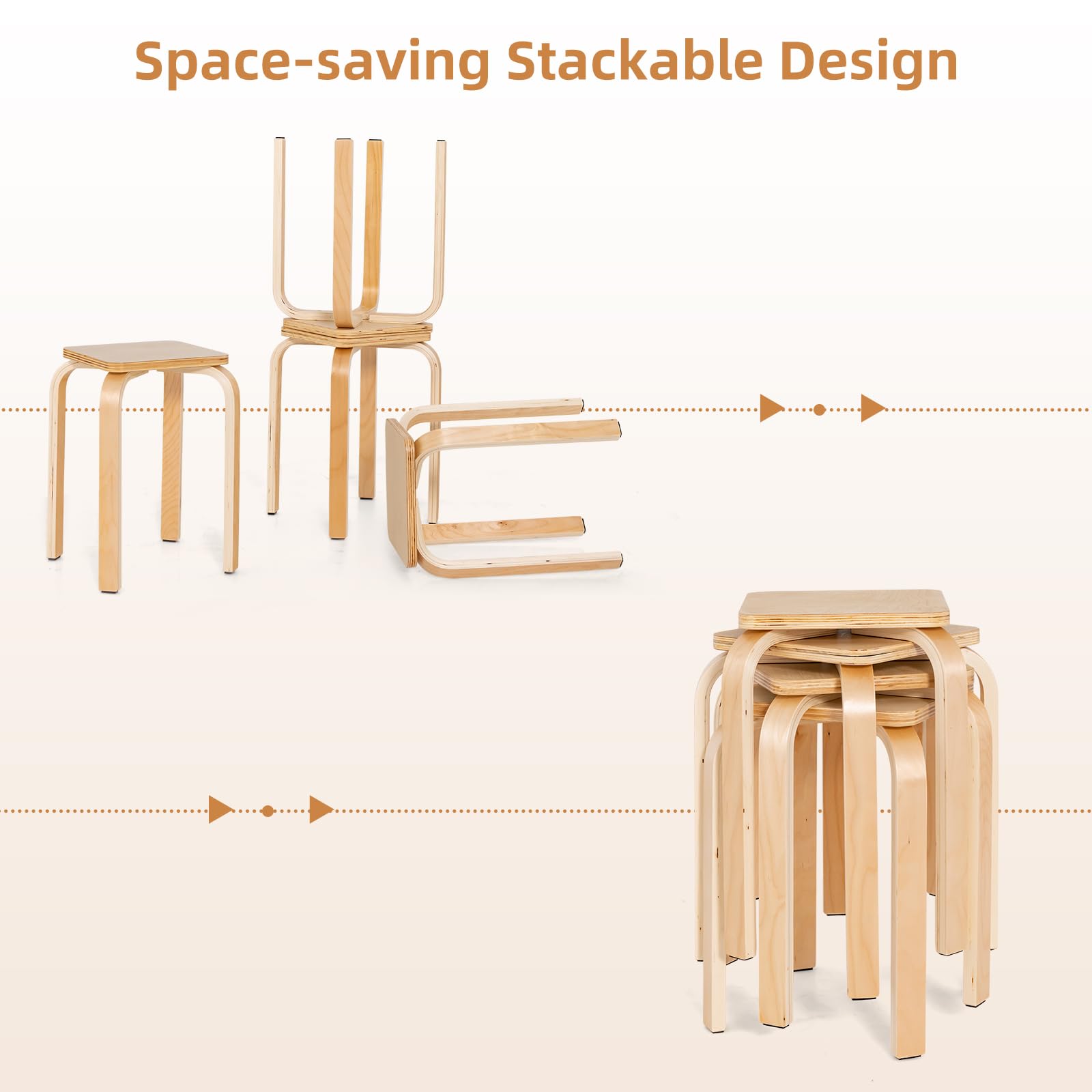 GLACER Set Of 4 Stackable Wooden Stools - 18" Height, 330lb Capacity, For Classroom, Office, Kitchen (Natural)