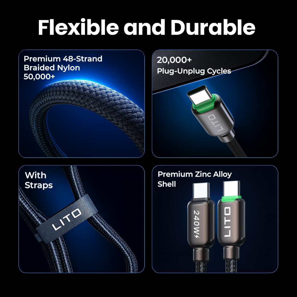 LITO Cavo da USB C a USB C da 240 W con display LED intelligente e monitoraggio della potenza in tempo reale, ricarica rapida PD 3.1, cavo di ricarica intrecciato in nylon di alta qualità, compatibile