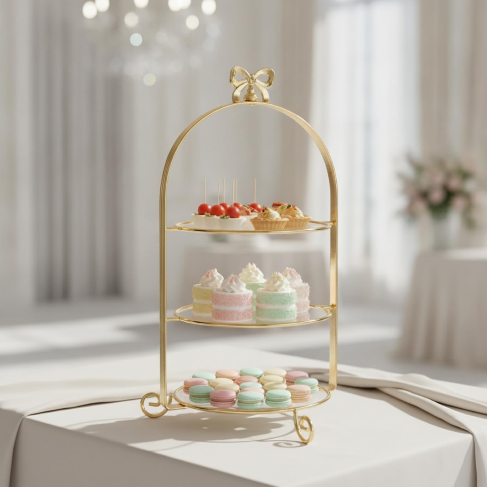 Alzata per Dolci Stand Dessert Espositore Vassoio Centrotavola in Metallo con Tre Ripiani Rotondi Arco Elegante E Piedini Ricurvi Adatta per Buffet Caffè Ricevimenti , Oro , 25 Cm