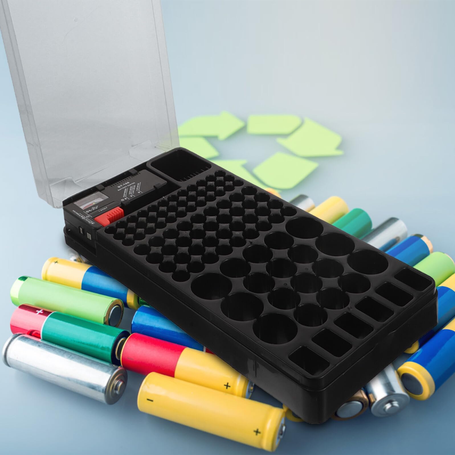 Custodia Porta Batterie in Plastica Trasparente Tester Integrato e Display Led, Organizer Compatto Scomparti per Batterie Aa Aaa Cella d 9v, Soluzione Portatile per Casa, Ufficio