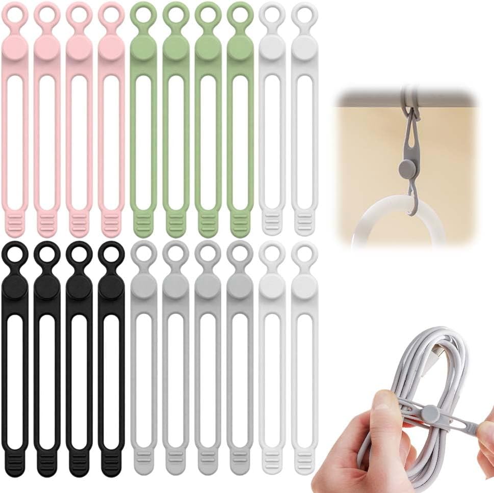 Silicone Cable Ties, 2026 New Data Reusable Cable Organizer Travel Cord Management for Appliances, Multipurpose Under Desk Cable Management for Bundling and Fastening Cord (20, Mix)