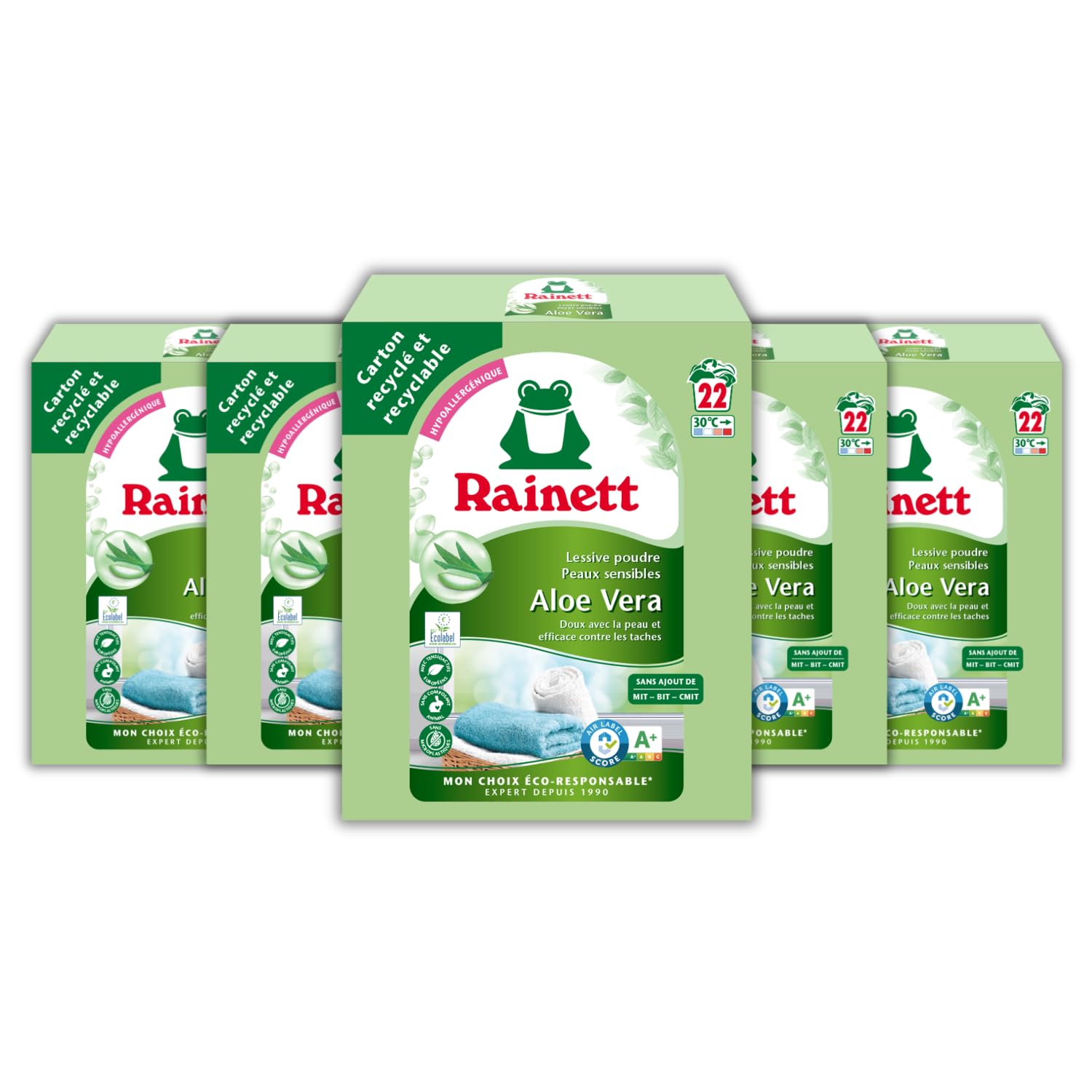 RAINETT - Lessive Poudre Peaux Sensibles - Formule Hypoallergénique - Tensioactifs d'Origine Végétale - Carton Recyclé & Recyclable - Aloe Vera - 22 Lavages - 1,45 kg - Pack de 5 boîtes